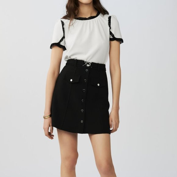 NWT MAJE Jibrali Snap Button-front Mini Skirt In Black- no belt - Picture 8 of 8